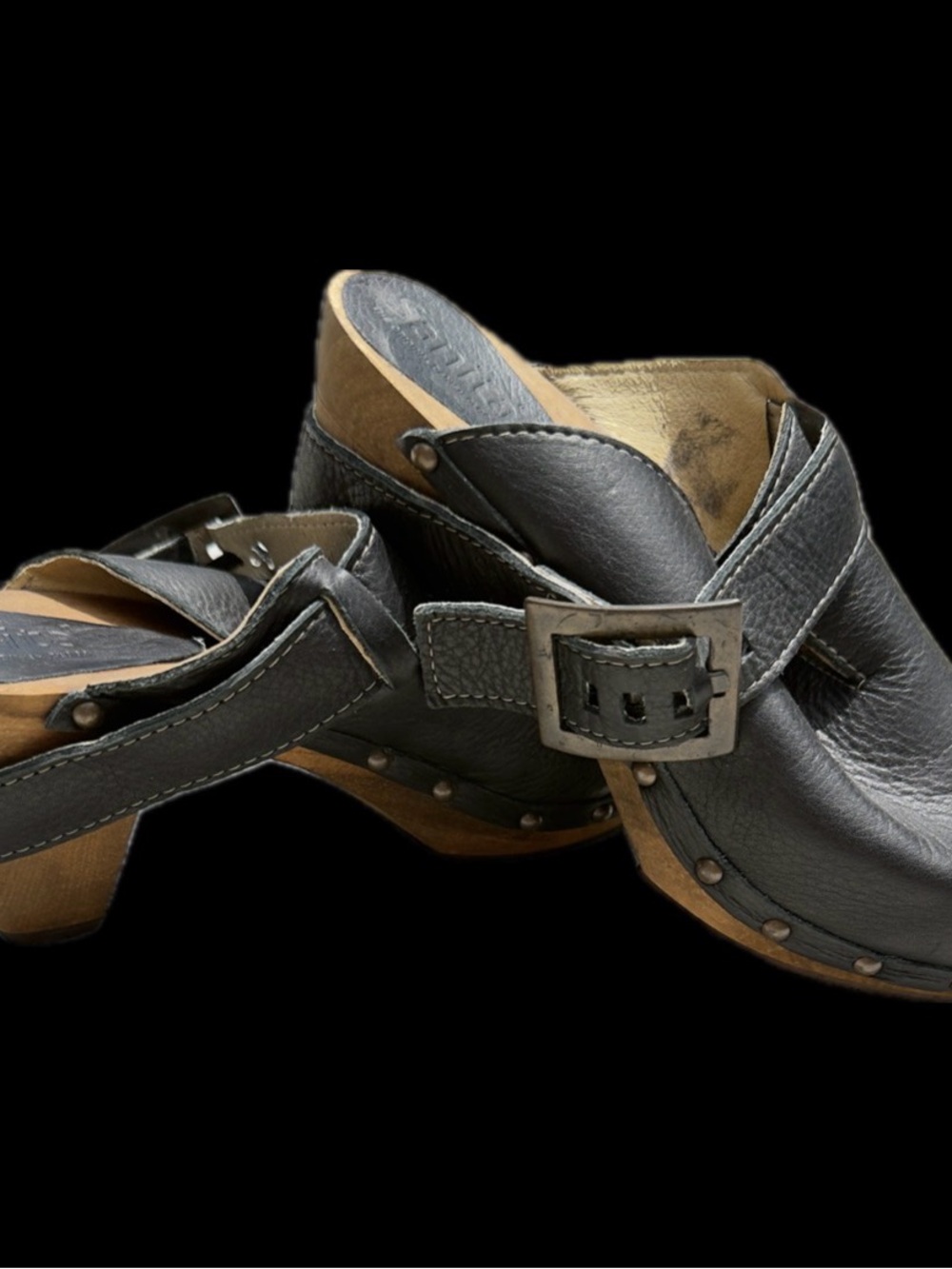 Sanita Black Leather Clog Mules